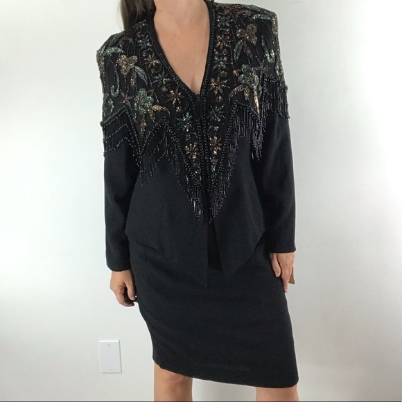 CASADEI Vintage Black Beaded Floral Fringe Cocktail Blazer Jacket Skirt Suit Set - Picture 3 of 16